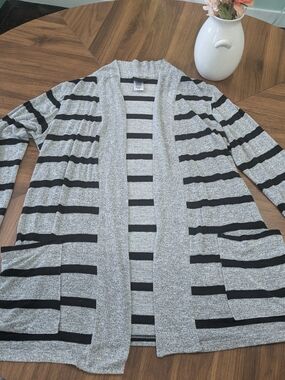 Open-Front Gray and Black Striped Cardigan